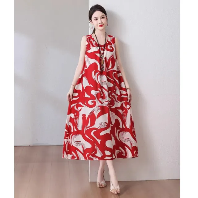 【巴黎精品】多款KC精品 連身洋裝印花連身裙長裙無袖A字裙子寬鬆顯瘦連衣裙大尺碼女裝(過膝吊帶k2bc35 A)
