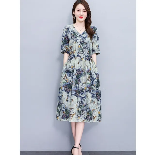 【巴黎精品】多款KC精品 連身洋裝印花連身裙長裙短袖A字裙子寬鬆顯瘦連衣裙大尺碼女裝(氣質印花裙k2bc48 A)
