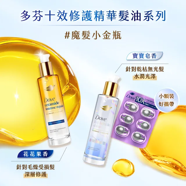 【Dove 多芬】魔法小金瓶居家旅行組 十效修護精華髮油95ml(深層修護/水潤光澤)+修護膠囊髮油