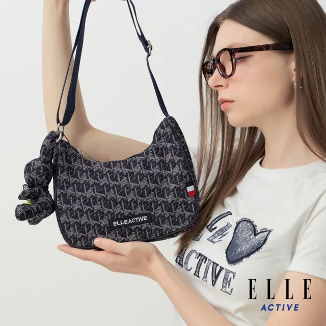 【ELLE ACTIVE】可調背帶緹花Logo半月肩背包-深藍色(EA26S1FB602-39)