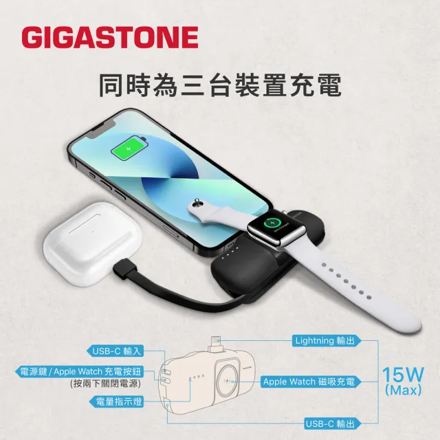 【Gigastone 立達國際】三合一直插式口袋行動電源5000mAh (17.76Wh/USB-C自帶線/可充AppleWatch) MP-5000AL