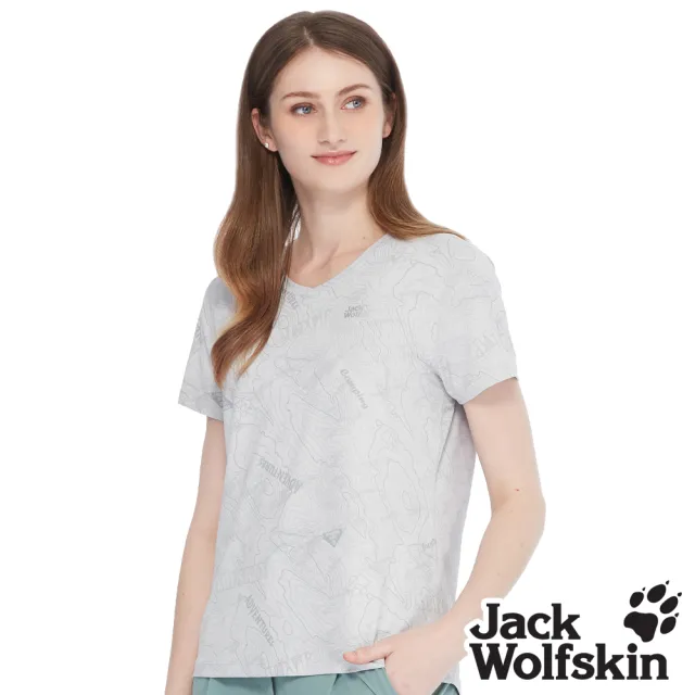 【Jack wolfskin 飛狼】女 涼感抗菌V領短袖排汗衣 探險等高線印花 (淺灰)