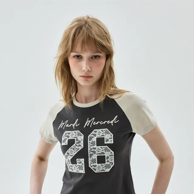 【MARDI MERCREDI】印花短TEE 蕾絲拼接 短版 CROPPED TSHIRT RAGLAN NO.26 LACE