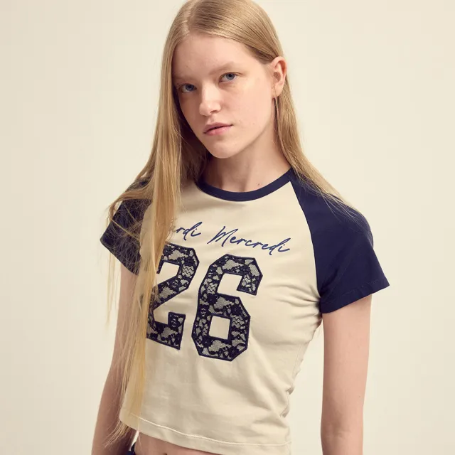 【MARDI MERCREDI】印花短TEE 蕾絲拼接 短版 CROPPED TSHIRT RAGLAN NO.26 LACE