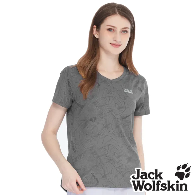 【Jack wolfskin 飛狼】女 涼感抗菌V領短袖排汗衣 探險等高線印花 (鐵灰)