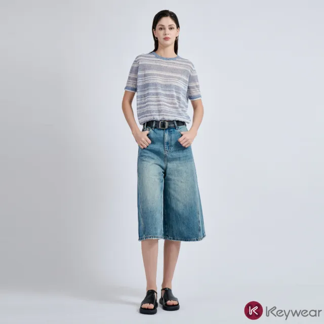 【KeyWear 奇威名品】率性刷感牛仔五分褲