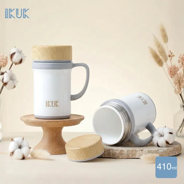 【IKUK 艾可】真陶瓷保溫杯-手把咖啡保溫杯410ml(辦公杯 /陶瓷咖啡杯/陶瓷保溫瓶/耐酸鹼/保溫瓶)