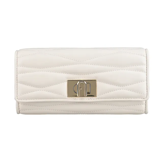 【FURLA 芙拉】FURLA 絎縫線1927系列小羊皮轉釦翻蓋二折長夾(自然白)