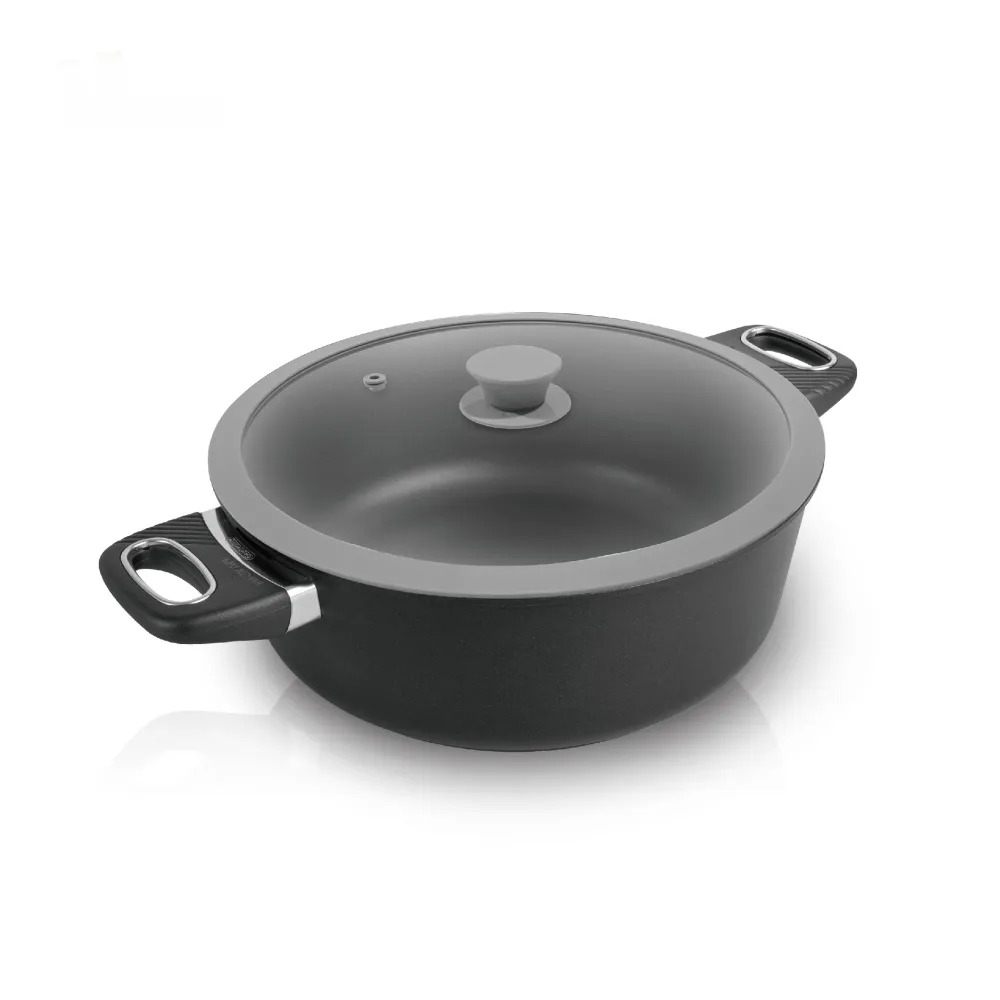【UCOM 瑞康屋】丹麥黑魔法不沾鍋-晶鑽雙耳湯鍋28cm+矽膠玻璃蓋(電磁爐可用)