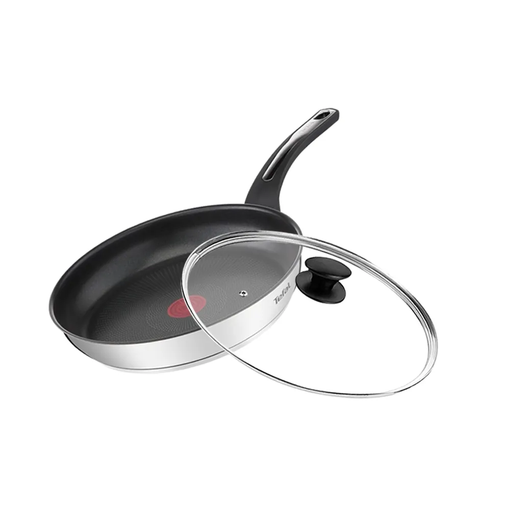 【Tefal 特福】精靈複合不鏽鋼系列28CM不沾鍋平底鍋+玻璃蓋(電磁爐適用)