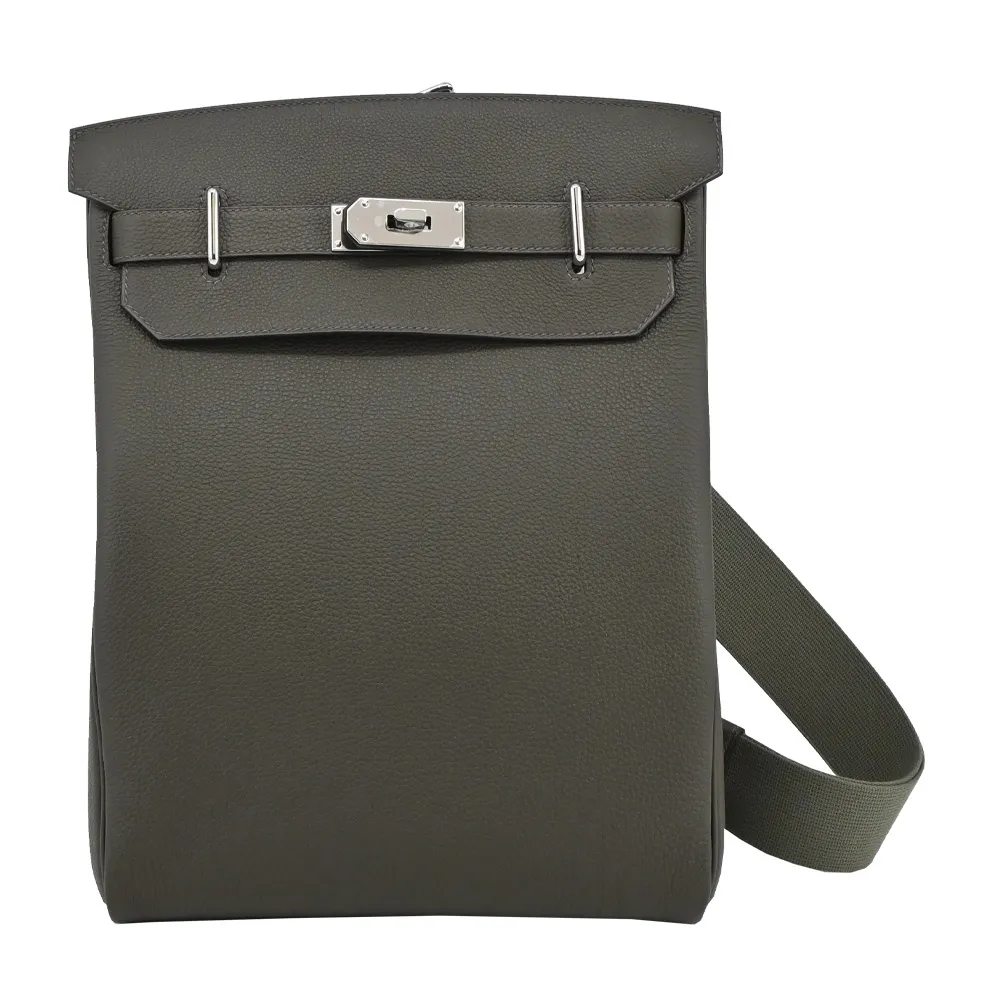 【Hermes 愛馬仕】Hac a Dos 26cm U刻 TG牛皮肩背包(C6墨綠/銀釦)