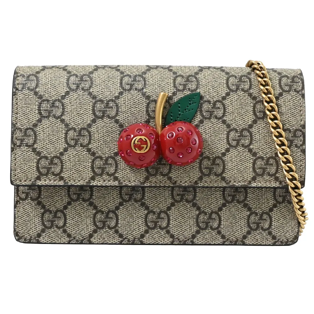【GUCCI 古馳】GG Supreme 限定款立體水鑽櫻桃三用鍊包晚宴包(駝)
