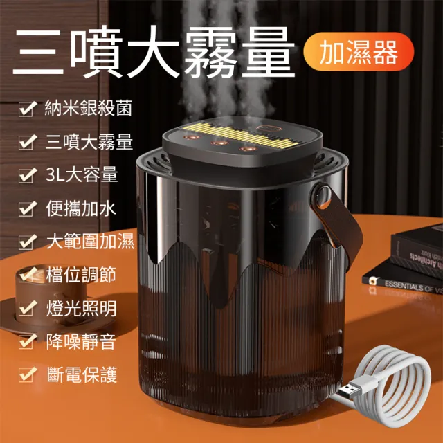 WODER 3L大容量智能三噴加濕器 靜音奈米霧化水氧機 USB桌面空氣保濕補水噴霧器 氛圍夜燈 3000ml