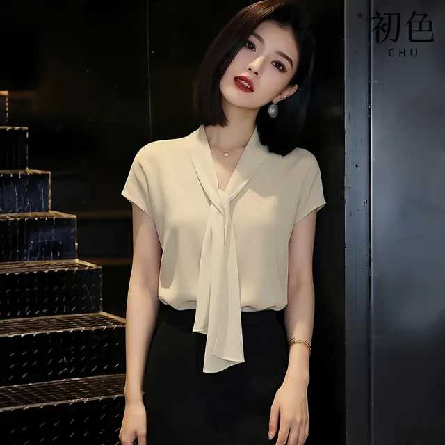 【初色】通勤風純色不規則飄帶設計短袖上衣女上衣-杏色-51741(M-2XL可選)