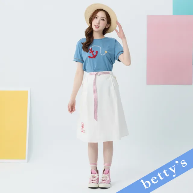 【betty’s 貝蒂思】熊熊刺繡格紋腰帶七分裙(白色)