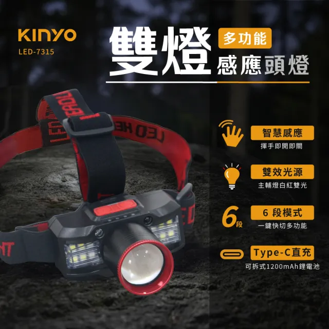 【KINYO】多功能雙燈感應頭燈(探照燈/露營/停電必備品 LED-7315)