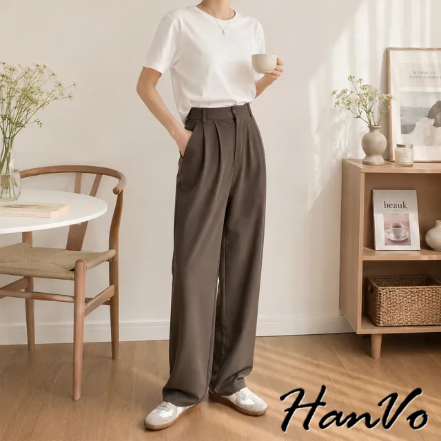 【HanVo】現貨 俐落質感西裝褲 垂感寬褲 直筒剪裁 高挑顯瘦 闊腿寬褲 修飾長褲 女生長褲 A04-2569