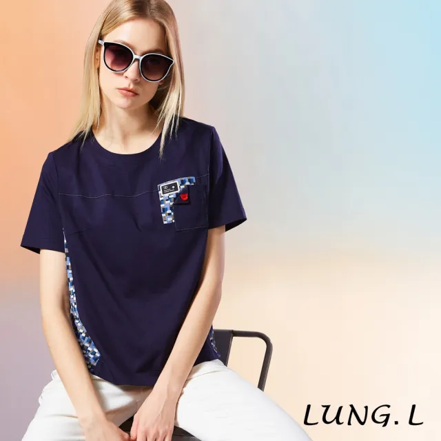 【LUNG.L 林佳樺】LU89A 深藍色前素面後花異材拼接造型短袖女裝上衣