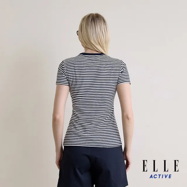 【ELLE ACTIVE】女款 品牌Logo條紋圓領短袖T恤-深藍色(EA26S5W1603-39)