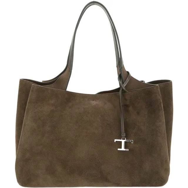 【TOD’S】TODS APA 中型 T字吊飾麂皮肩背托特包(深咖啡)義大利精品