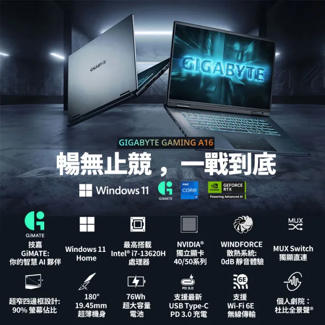 升級32G組★【GIGABYTE 技嘉】16吋i7-13620H RTX5060 電競筆電(A16 CVHI3TW894SH/16G/1TB/W11/WUXGA)