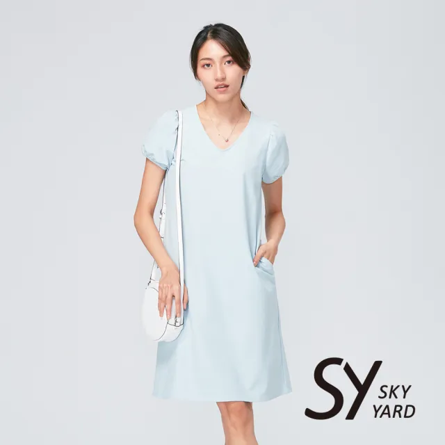 【SKY YARD】網路限定款-優雅澎澎公主袖V領洋裝-藍色