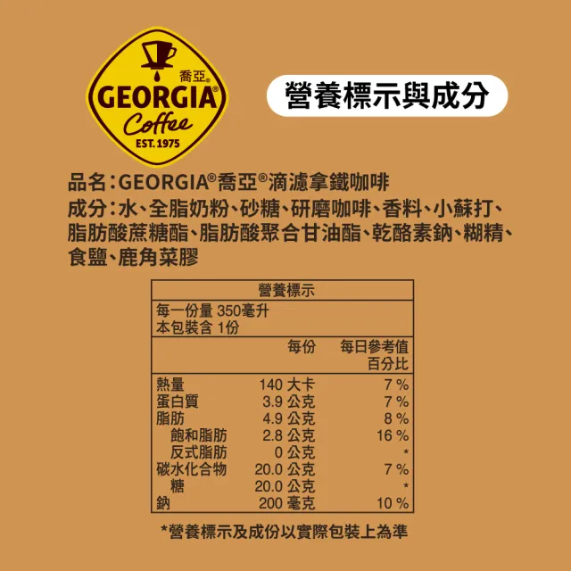 【GEORGIA 喬亞】滴濾咖啡350mlx2箱(共48入;無糖黑咖啡/拿鐵)