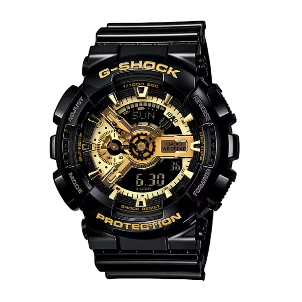 【CASIO 卡西歐】經典黑金重機雙顯電子錶(黑/金 GA-110GB-1A)