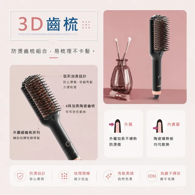 【SAMPO 聲寶】國際電壓負離子直捲兩用造型梳/直髮梳/電熱梳/離子梳(HC-Z23F1L)