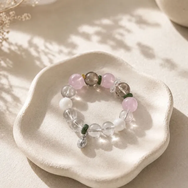 【Omiα 歐米亞】微甜•暮色｜粉晶手鍊｜茶晶白水晶｜天然水晶｜女生飾品｜生日禮物