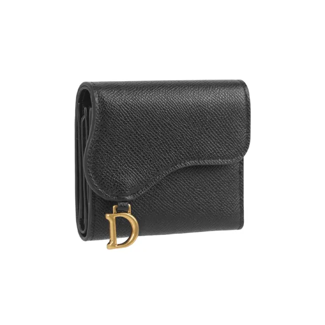 【Dior 迪奧】Lotus Saddle 金釦牛皮三折短夾(黑色)