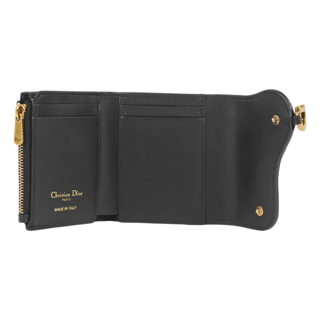【Dior 迪奧】Lotus Saddle 金釦牛皮三折短夾(黑色)
