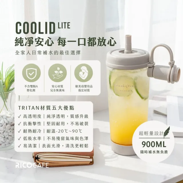 【RICO 瑞可】RICOCAFE 輕量化TRITAN材質 酷力COOLID LITE 900ml(吸管杯/環保杯/隨行杯)
