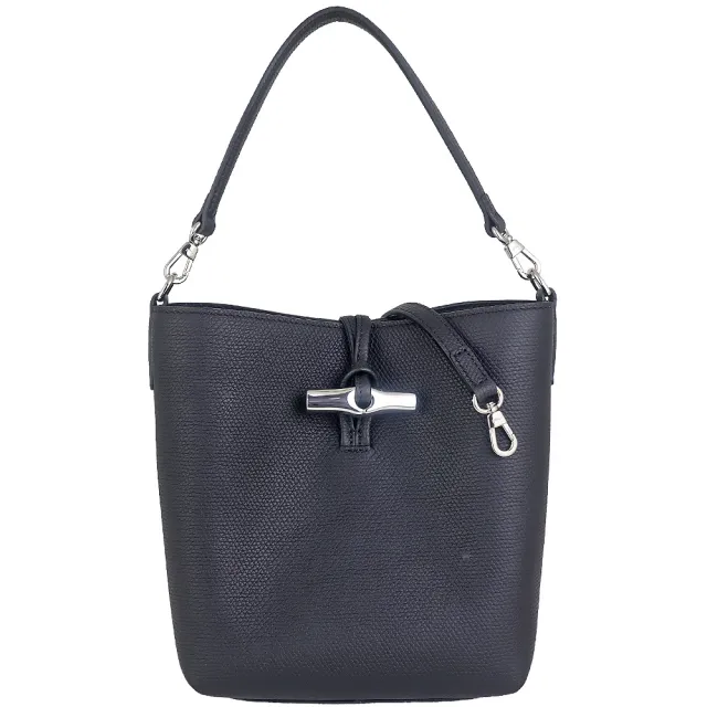【LONGCHAMP】Le Roseau 牛皮側肩斜背兩用水桶包(黑色)