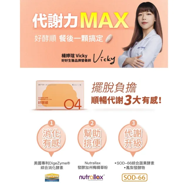【好好生醫】加州梅消化酵素含蔬果酵素SOD-like『好酵順』四入組．30顆/盒（消化排便順暢、促進新陳代謝）