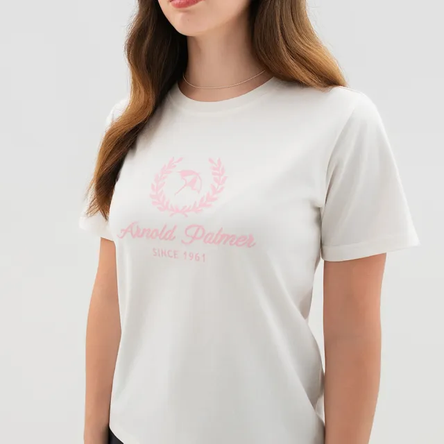 【Arnold Palmer 雨傘】女裝-傘LOGO繡花寬鬆版圓領短袖T-Shirt-白色