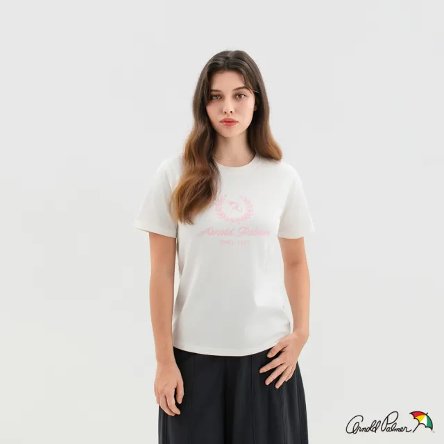 【Arnold Palmer 雨傘】女裝-傘LOGO繡花寬鬆版圓領短袖T-Shirt-白色