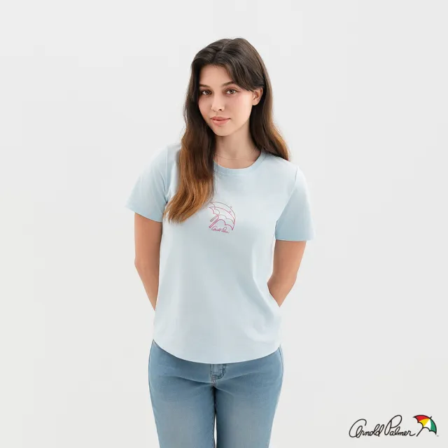 【Arnold Palmer 雨傘】女裝-漸層傘LOGO印花圓領短袖T-Shirt-淺藍色