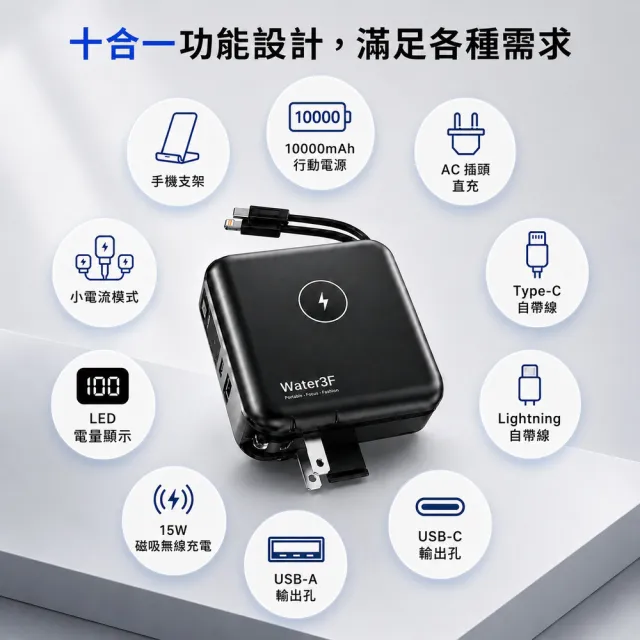 Water3F 10000mAh 十合一無線快充行動電源(PD 20W快充/磁吸無線充電15W/自帶雙線)