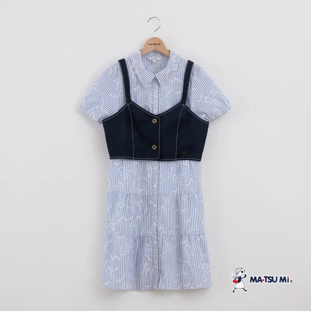 【MATSUMi】假兩件式條紋襯衫牛仔馬甲背心洋裝