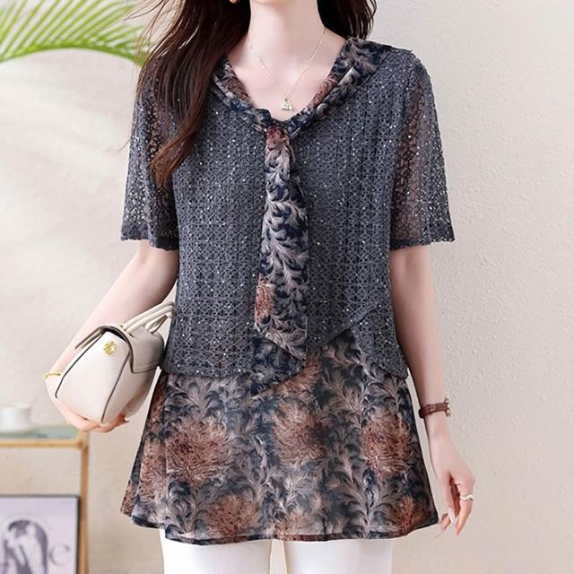 【麗質達人】8174針織雪紡拼接假二件上衣-LY (L-5XL)