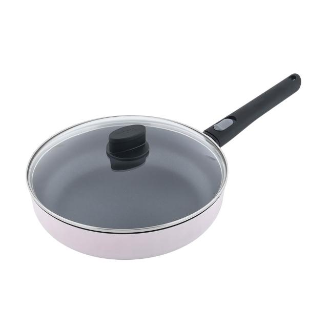 【Woll】Ecolor 不沾平底深鍋含蓋 28cm 莫蘭迪粉 (電磁爐 IH爐可用)(平輸品)