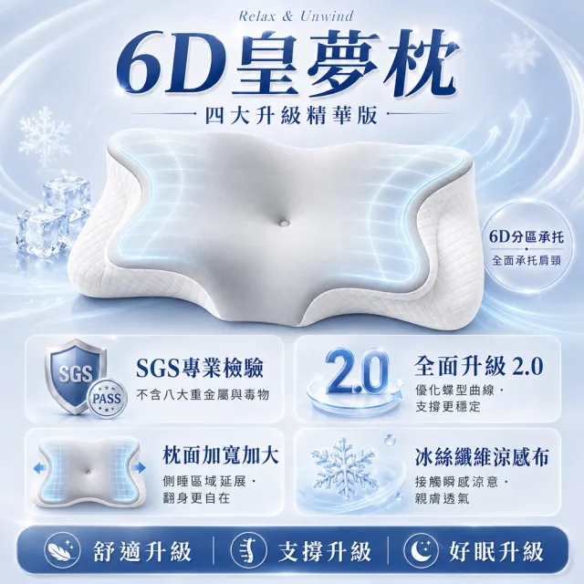 【MIT iLook】超值2入 皇の夢枕-6D護頸除鼾釋壓好眠涼感蝶型記憶枕頭1入(2.0升級版)