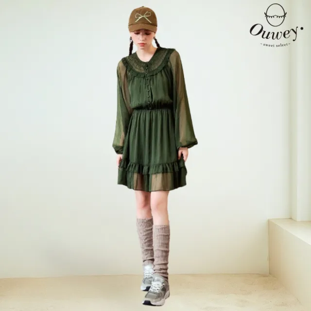 【OUWEY 歐薇】甜美荷葉邊雪紡透膚洋裝(深綠;S-L;3243167011)