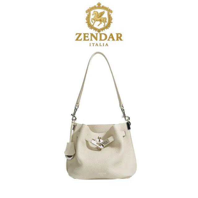 【ZENDAR】台灣總代理 限量1折 頂級小牛皮水桶包肩背包 奥菲系列 全新專櫃展示品(冰川白)