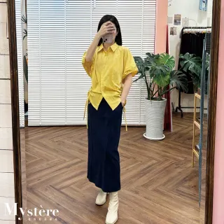 【my stere 我的時尚秘境】澎澎袖側腰抓皺綁帶襯衫 萊姆黃 抓皺襯衫 挺版襯衫 設計襯衫 縮腰襯衫 黃色襯衫