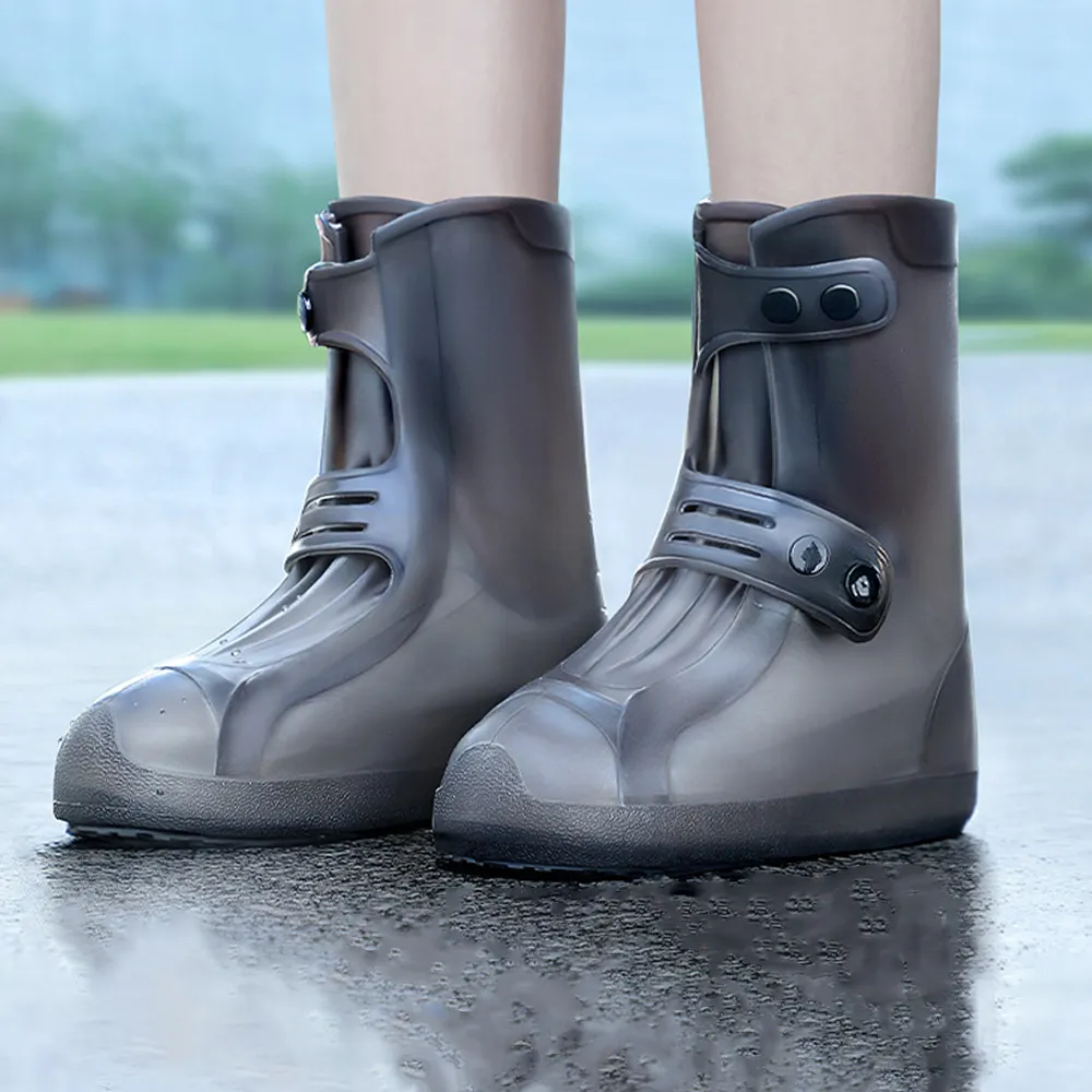 【REIIS】雙排釦防滑防水雨鞋套 加厚耐磨防雨鞋套 大開口易穿脫 成人雨衣鞋套 雨靴 隨意鬆緊(茶色中筒)