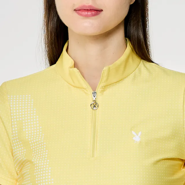 【PLAYBOY GOLF】女款圓點吸濕排汗抗UV短袖立領上衣-黃(高爾夫球衫/KA26125-35)