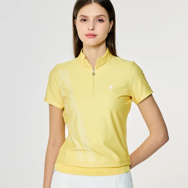【PLAYBOY GOLF】女款圓點吸濕排汗抗UV短袖立領上衣-黃(高爾夫球衫/KA26125-35)