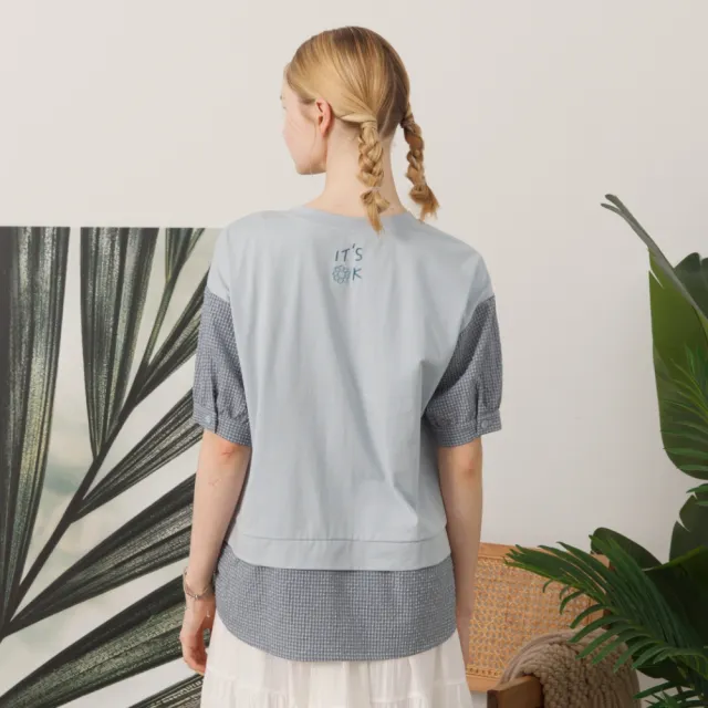【MASTINA】假兩件拼格子休閒T 藍 米(魅力商品)